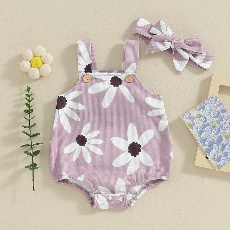 Baby Girl Outfits Sleeveless Floral Print Overalls + Headband