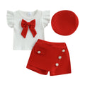 Baby Girl 3Pcs Summer Outfits Ruffle Sleeve Bow Tops + Shorts + Hat Set Toddler Clothes