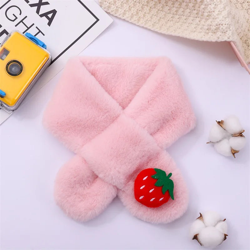 Baby Winter Warm Thicken Scarfs New Children Cute Cartoon Faux Rabbit Fur Cross Collar Scarves Boy Girl Soft Plush Scarf Gift