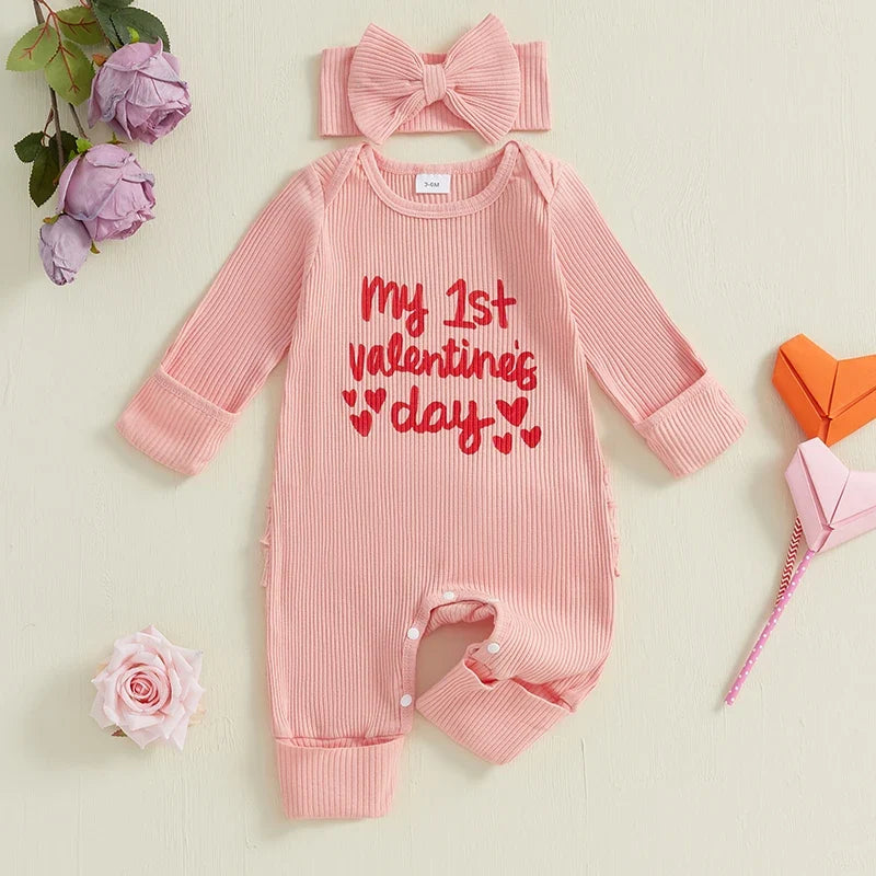Baby Girl Long Sleeve Letters Heart Print Jumpsuit with Bowknot Headband