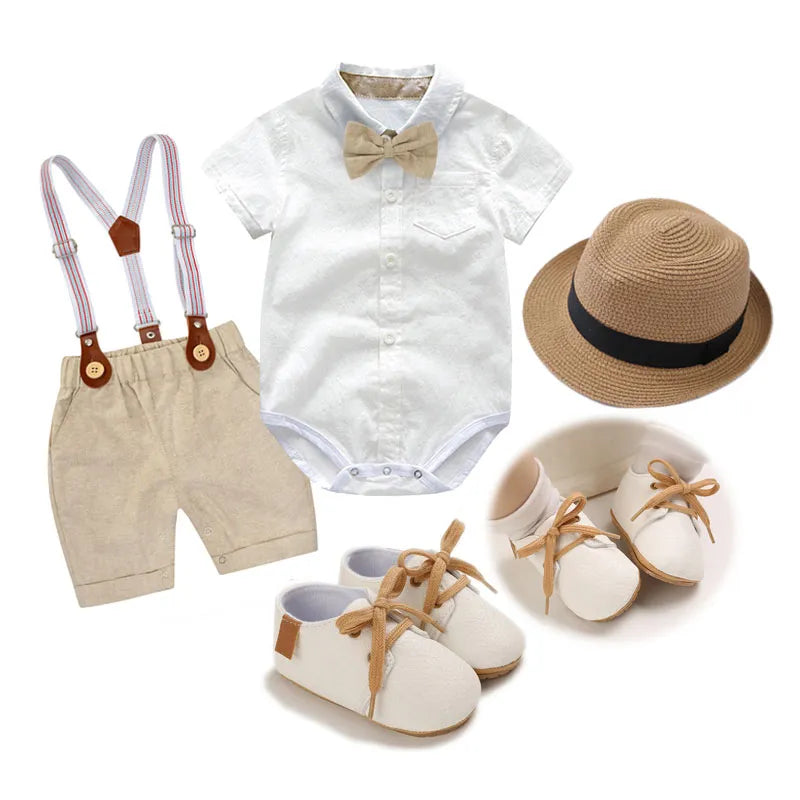 Fashion Baby Clothes Boy White Romper + Suspender Pants