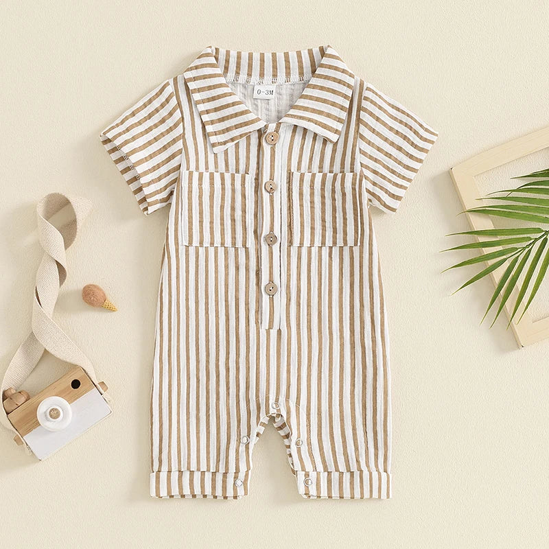 Boy Striped Romper Short Sleeve Front Single-breasted Legs Jumpsuit