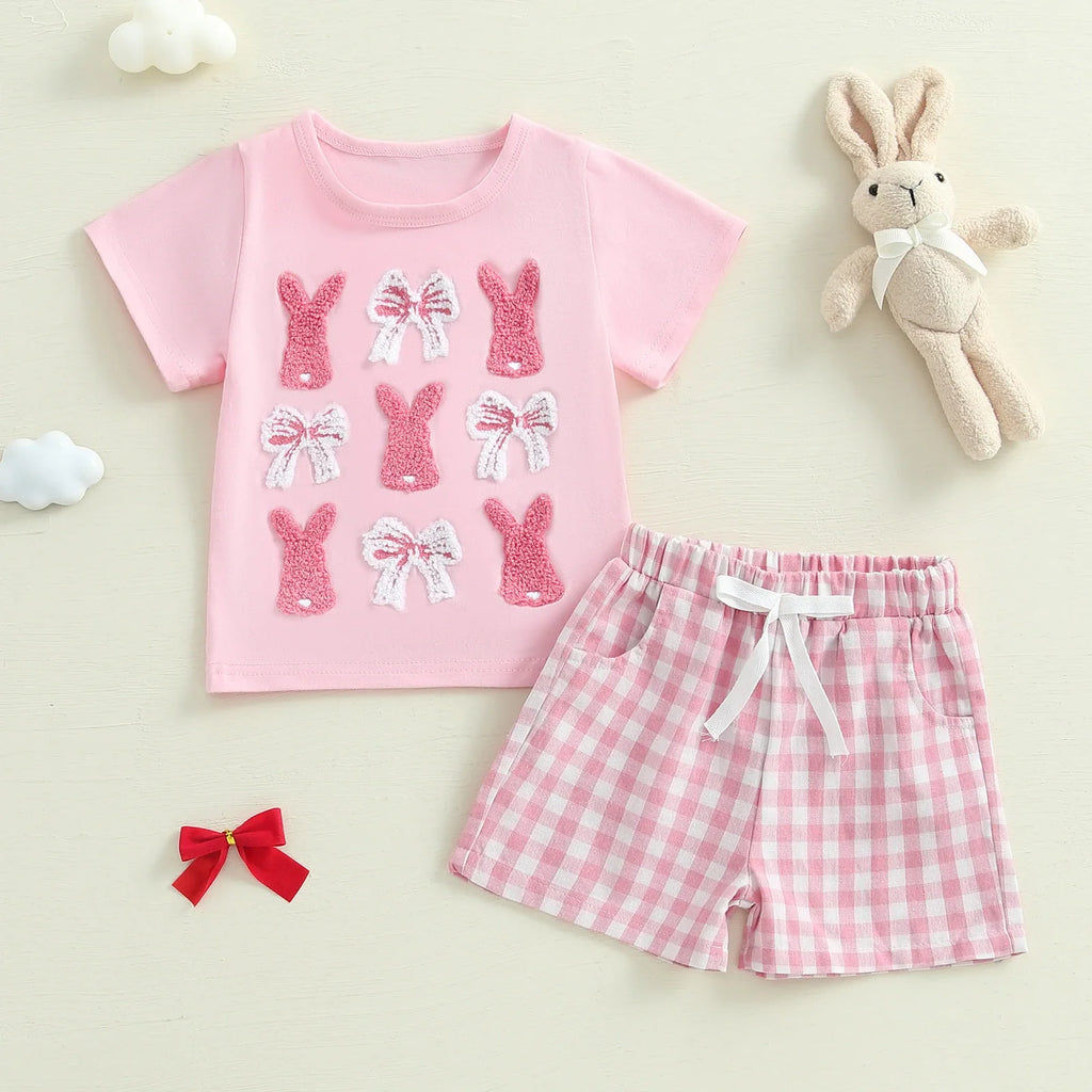 Baby Girl 2Pcs Easter Outfits Short Sleeve Bunny Bow Embroidery T shirt and Shorts