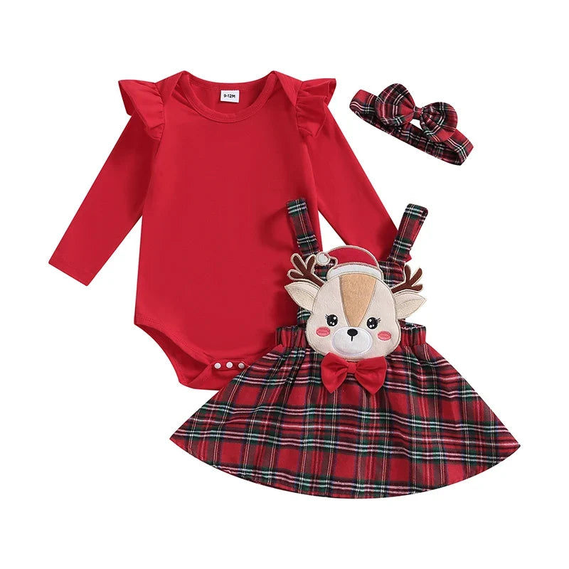 Elk Elegance 3Pcs Baby Girl Christmas Outfit
