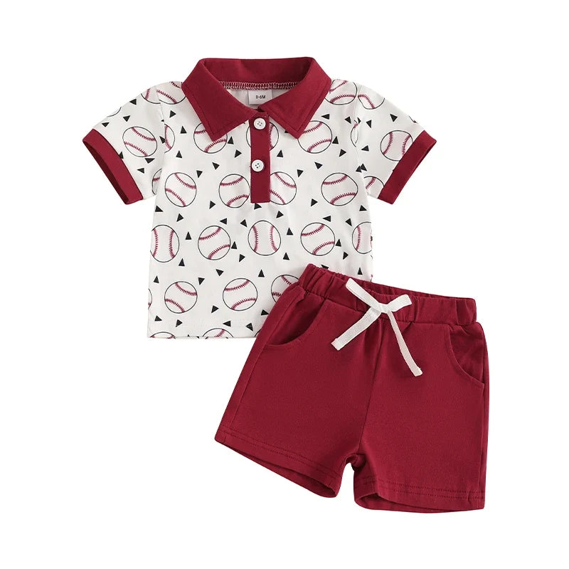 Boy Baseball Outfit Half Button-up Lapel Neck Short Sleeve Shirt Solid Short