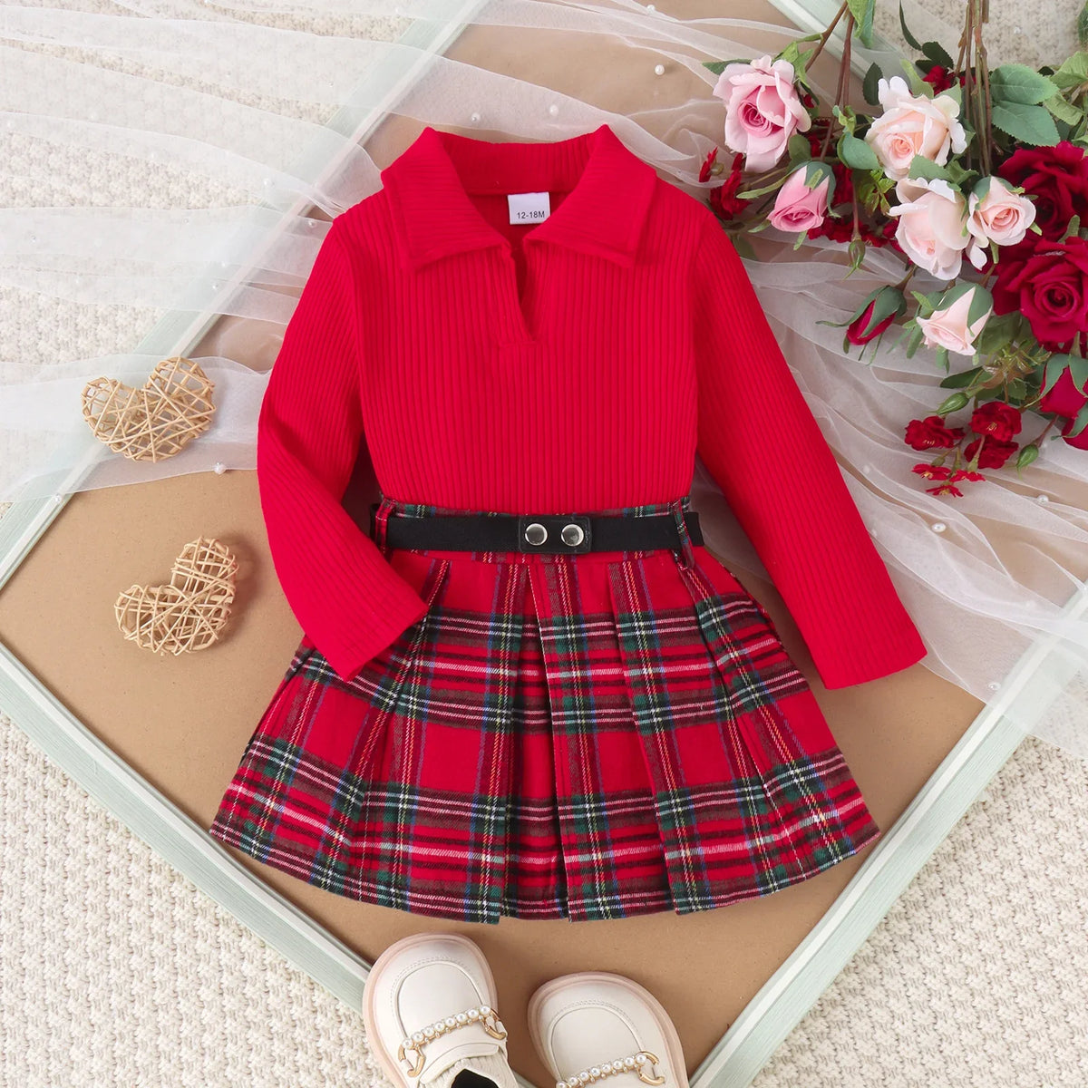3PCS Autumn New Style 1-5 Year Old Middle And Middle School Girls Fashion College Style Solid Color Pit Top + Plaid Skirt Set