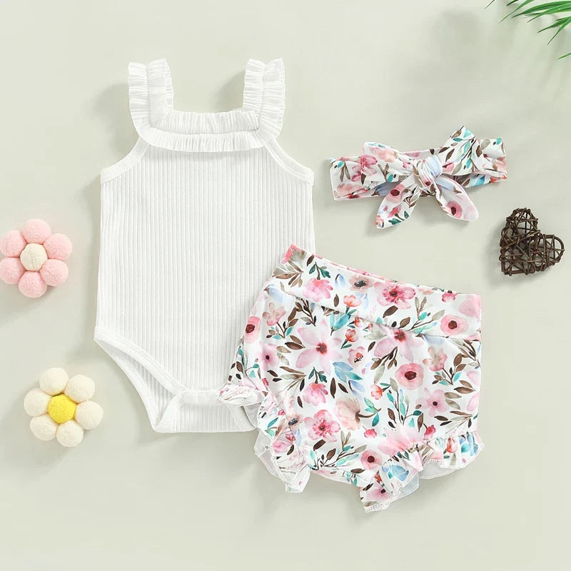 Baby Girls Shorts Set Sleeveless Romper Flower/Rainbow/ Print Shorts Hairband