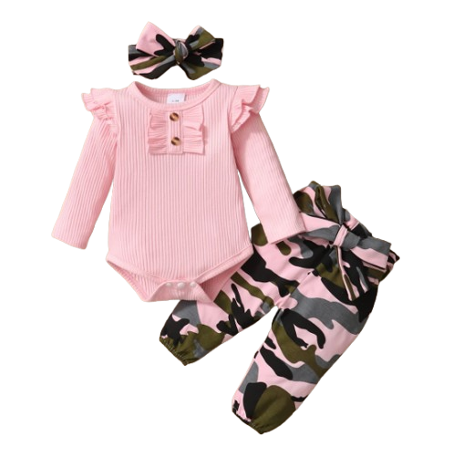 The Alva - Newborn Baby Girl Long Sleeve Bodysuit + Camo Pants + Headband 2PCS Cotton Set