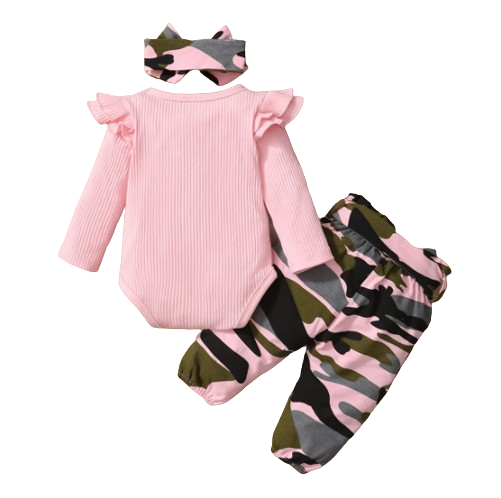 The Alva - Newborn Baby Girl Long Sleeve Bodysuit + Camo Pants + Headband 2PCS Cotton Set