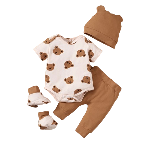 The Campbell - Baby Boy 4PCS Clothing Set Bear Print Bodysuit Pants Hat Socks Newborn