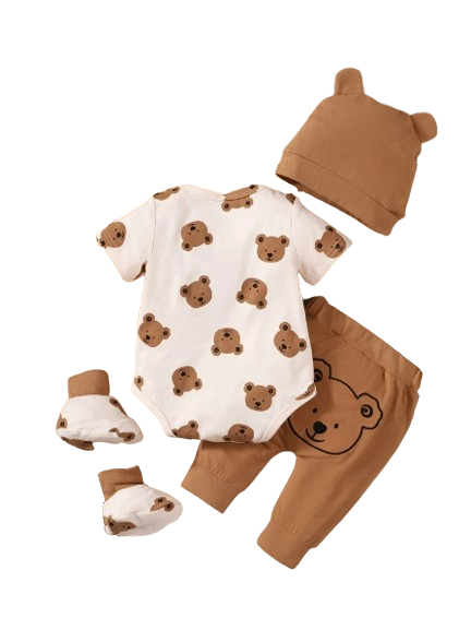 The Campbell - Baby Boy 4PCS Clothing Set Bear Print Bodysuit Pants Hat Socks Newborn