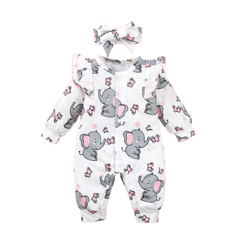 The Blakely - Newborn Baby Girl Elephant Print Long Sleeve Romper Bodysuit