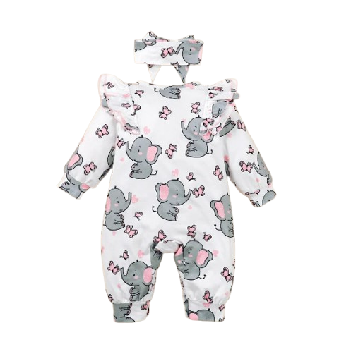 The Blakely - Newborn Baby Girl Elephant Print Long Sleeve Romper Bodysuit