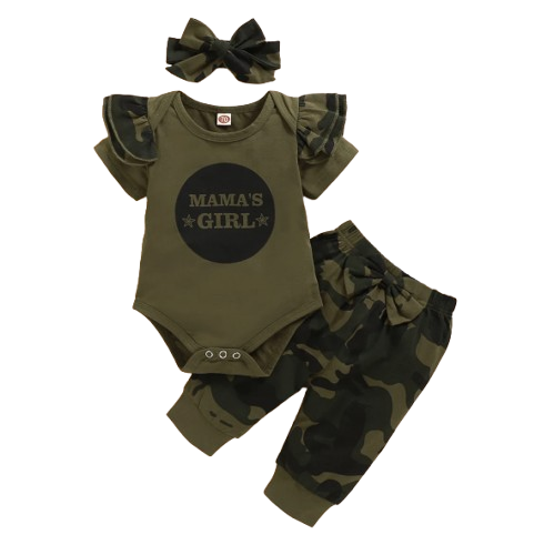 The Aubree - Infant Baby Girl Cotton Letter Romper Camo Pants & Headband Set 3PCS