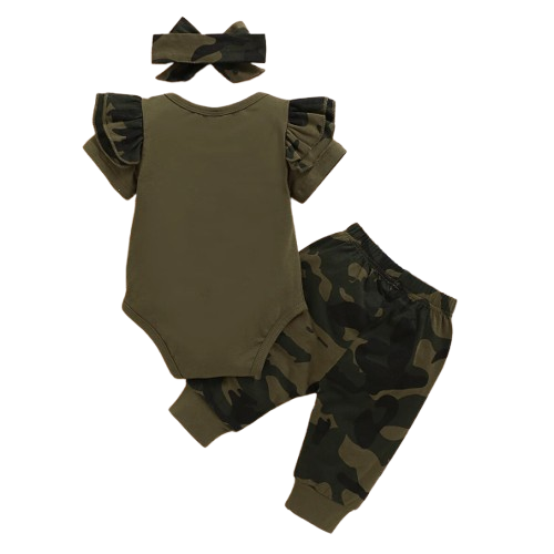 The Aubree - Infant Baby Girl Cotton Letter Romper Camo Pants & Headband Set 3PCS