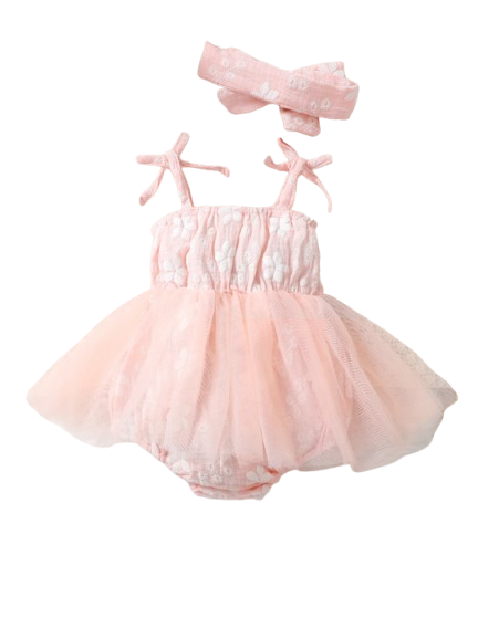 The Athena - Baby Girl Pink Strap Romper Dress with Headband