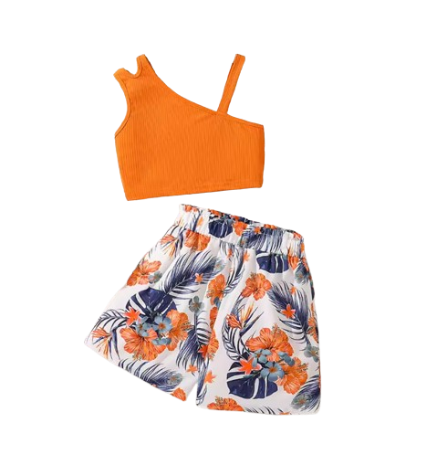 The Cecilia - Baby Girl Orange Asymmetrical Sling And Printed Short Pastoral Style Casual Dress