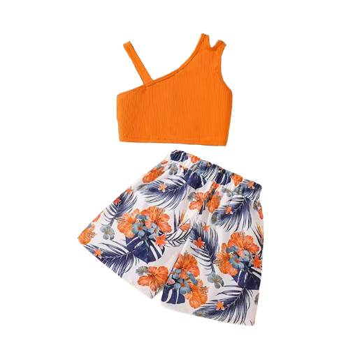 The Cecilia - Baby Girl Orange Asymmetrical Sling And Printed Short Pastoral Style Casual Dress