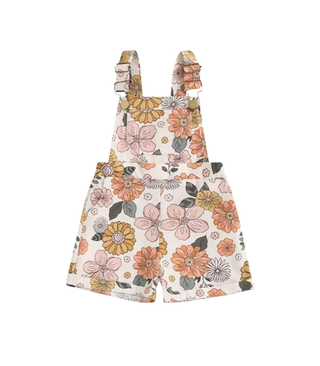 The Alina - Baby Girl Strawberry/Flower Print Denim Sleeveless Straps Buttons Pockets Overalls
