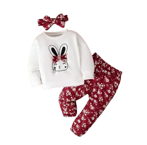 The Andrea - Baby Girl Rabbit Print Bow Front Pullover & Floral Print Pants & Headband