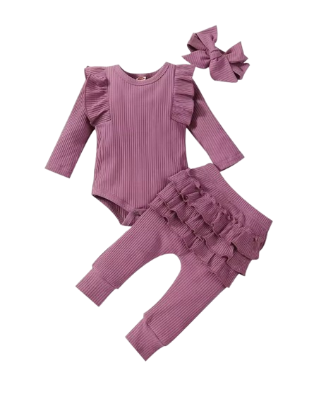 The Amy - Baby Girl Long Sleeve Ruffle Romper Bodysuits + Pants + Bow Headband