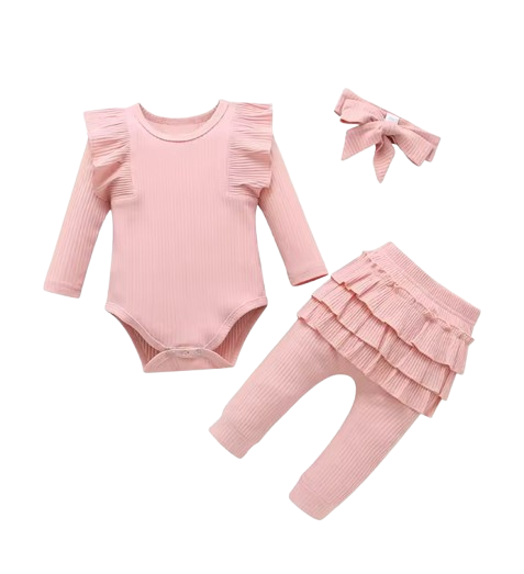 The Amy - Baby Girl Long Sleeve Ruffle Romper Bodysuits + Pants + Bow Headband