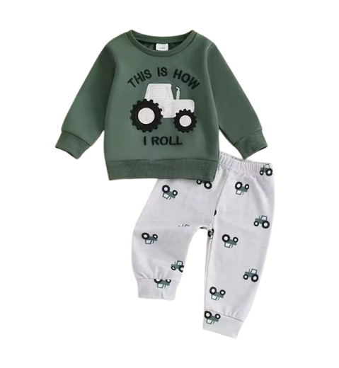 The Bryce - Baby Boy "This Is How I Roll"  Tractor Print Long Sleeve Sweatshirt + Elastic Waist Pants