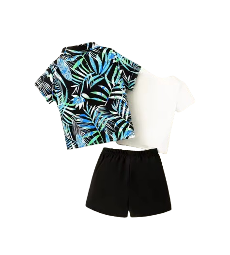 The Brady - Baby Boy Leaf Pattern Hawaiian Beach Casual Short Sleeve Shirt + Shorts