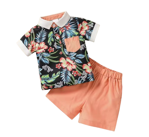 The Baker - Baby Boy Short Sleeve Turn-down Collar Top With Printing Floral Pocket & Solid Pants