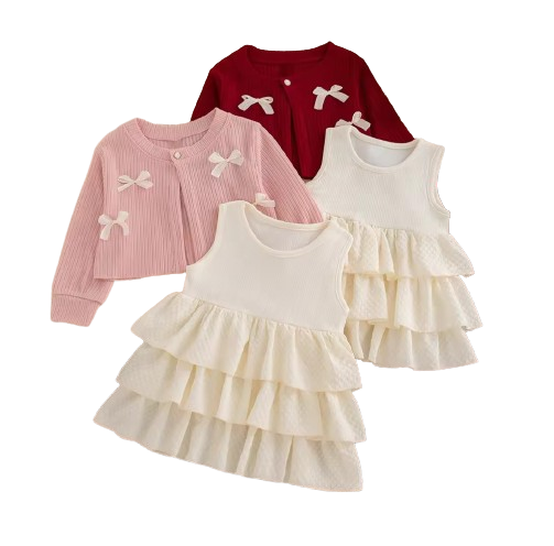 The Alexandria - Baby Girl Pink Bow Knit Red Coat with Sleeveless Cake Dress