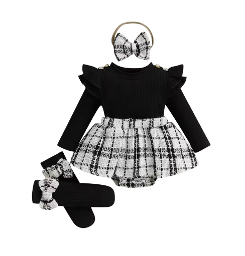 The Arlette - Newborn Baby Girl Spring/Fall Outfit – Long Sleeve Plaid Skirt Romper + Headband & Socks Set