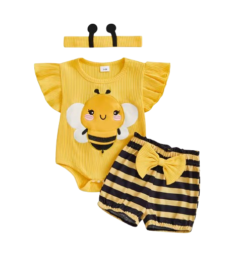 The Analia - Baby Girl 3-Piece Summer Outfit Set – Bee & Ladybug Ruffle Romper, Shorts & Headband