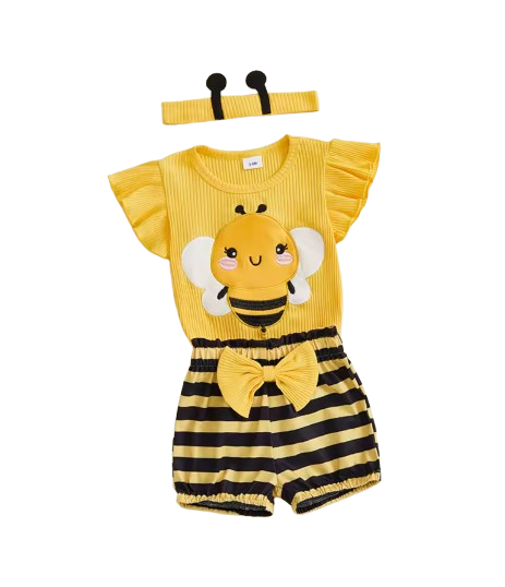 The Analia - Baby Girl 3-Piece Summer Outfit Set – Bee & Ladybug Ruffle Romper, Shorts & Headband
