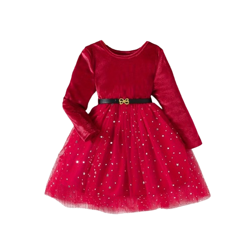 The Bridget - Girls Velvet Mesh Dress – Long Sleeve Star & Moon Sequin Party Dress with Belt