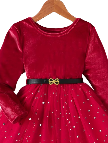 The Bridget - Girls Velvet Mesh Dress – Long Sleeve Star & Moon Sequin Party Dress with Belt