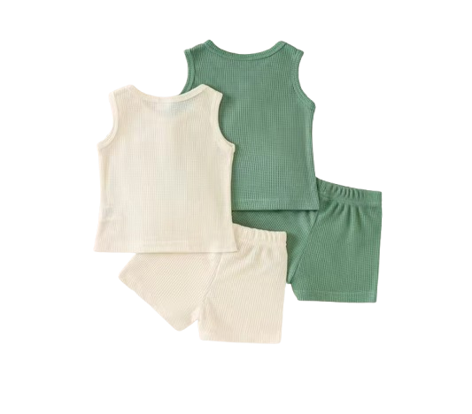 The Aarav - 4-Piece Unisex Baby Summer Outfit Set – Waffle Knit Henley Tank Tops & Elastic Waist Shorts, Neutral Style