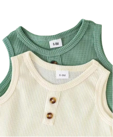 The Aarav - 4-Piece Unisex Baby Summer Outfit Set – Waffle Knit Henley Tank Tops & Elastic Waist Shorts, Neutral Style