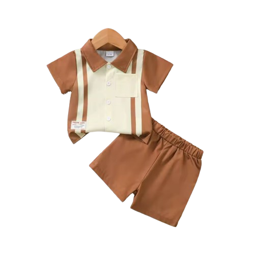 The Carmelo - Baby Boys' Summer Outfit Set – Striped Color Block Collared Shirt with Pocket & Shorts