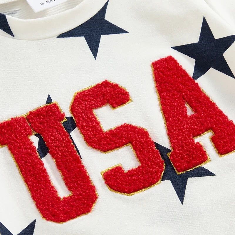 Boys 4th of July Short Sleeve Embroidery Letters T-shirt with Stars Print + Shorts Outfit