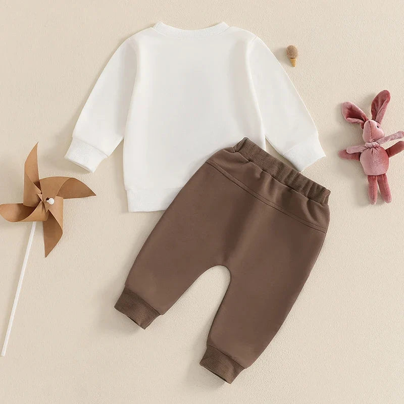 Boys Easter Outfits Bunny Embroidered Long Sleeve Sweatshirts and Long Pants