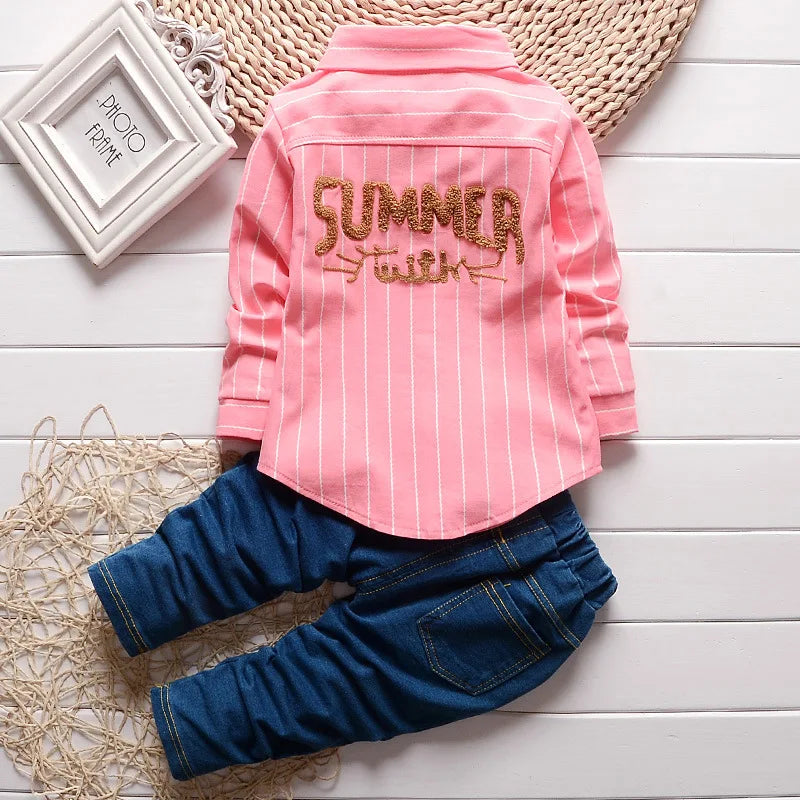 Casual Bow Tie Shirt+Pants 2pcs Sets  Denim Outfits