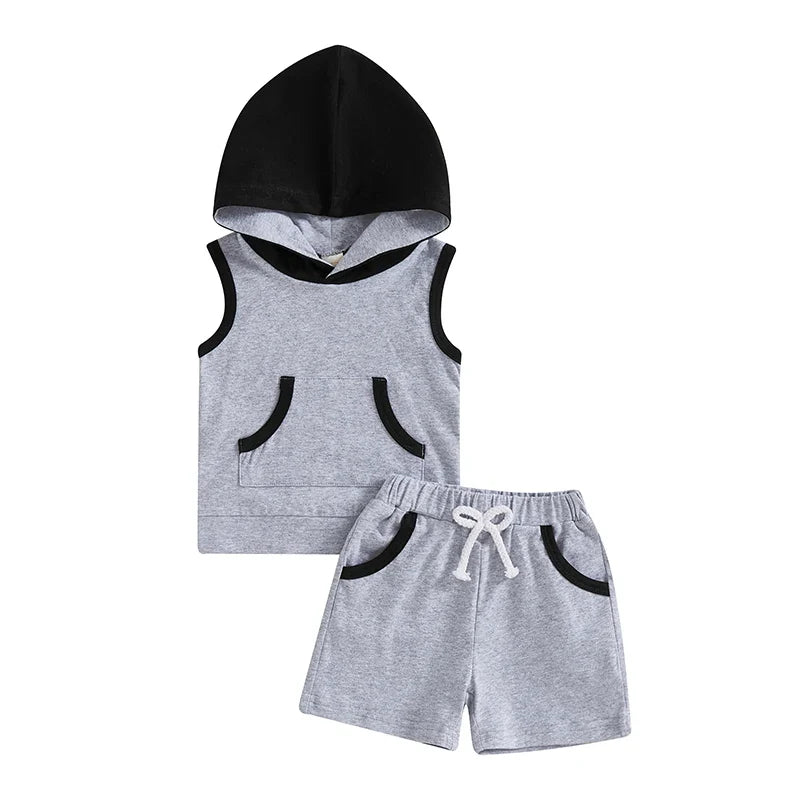 Baby Boy Shorts Set Contrast Color Sleeveless Hooded Tank Tops Elastic Waist Shorts