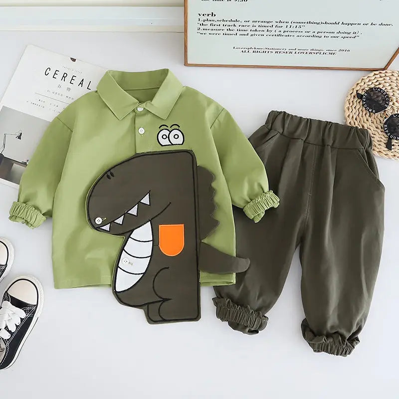 Cotton Sport Patchwork Dinosaur Shirt+  Jeans 2Pcs/Set