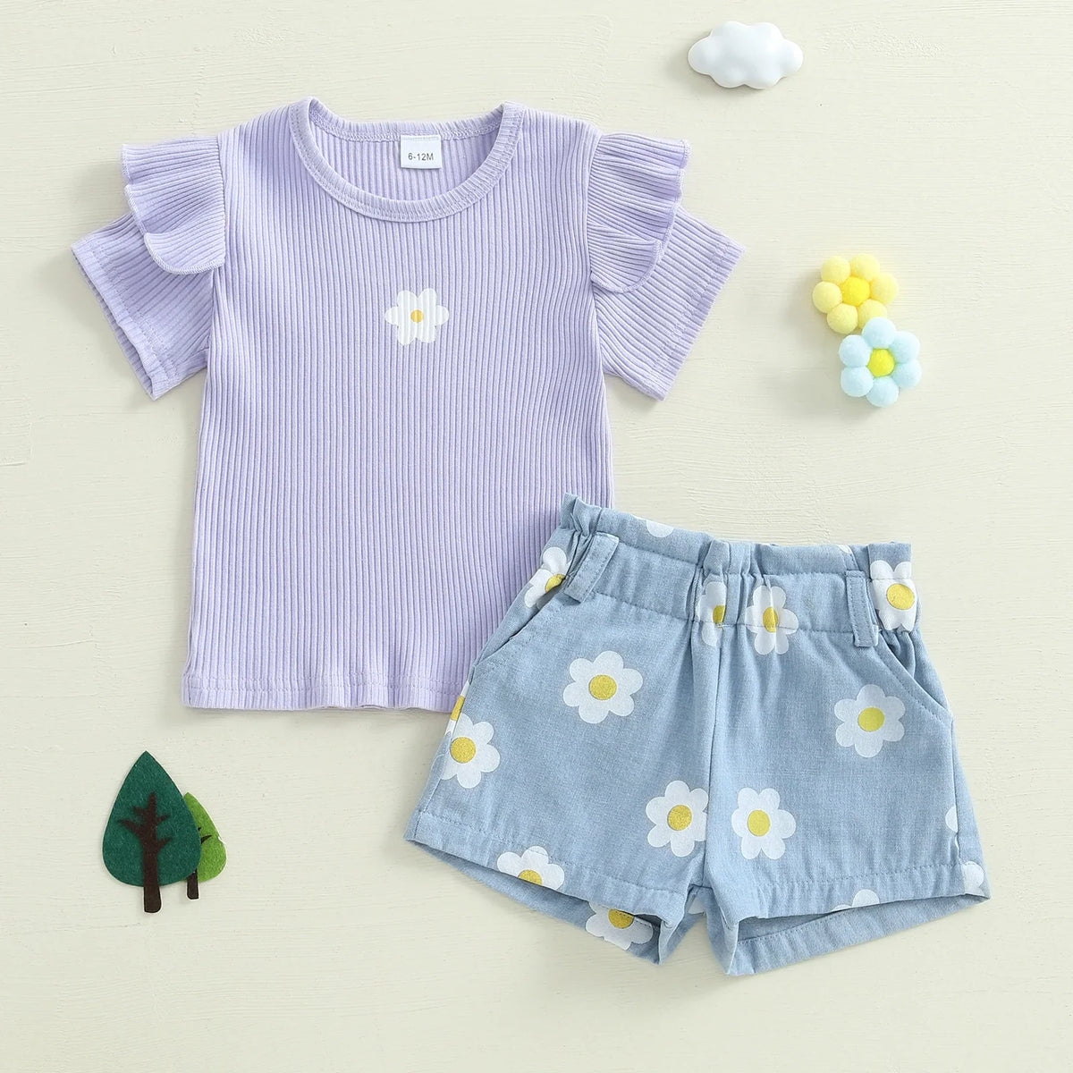 1-4Y Baby Girl Summer Outfits Ruffle Short Sleeve Floral Print Ribbed t Shirt Tops Shorts Set Toddler Baby Clothing 2Pcs