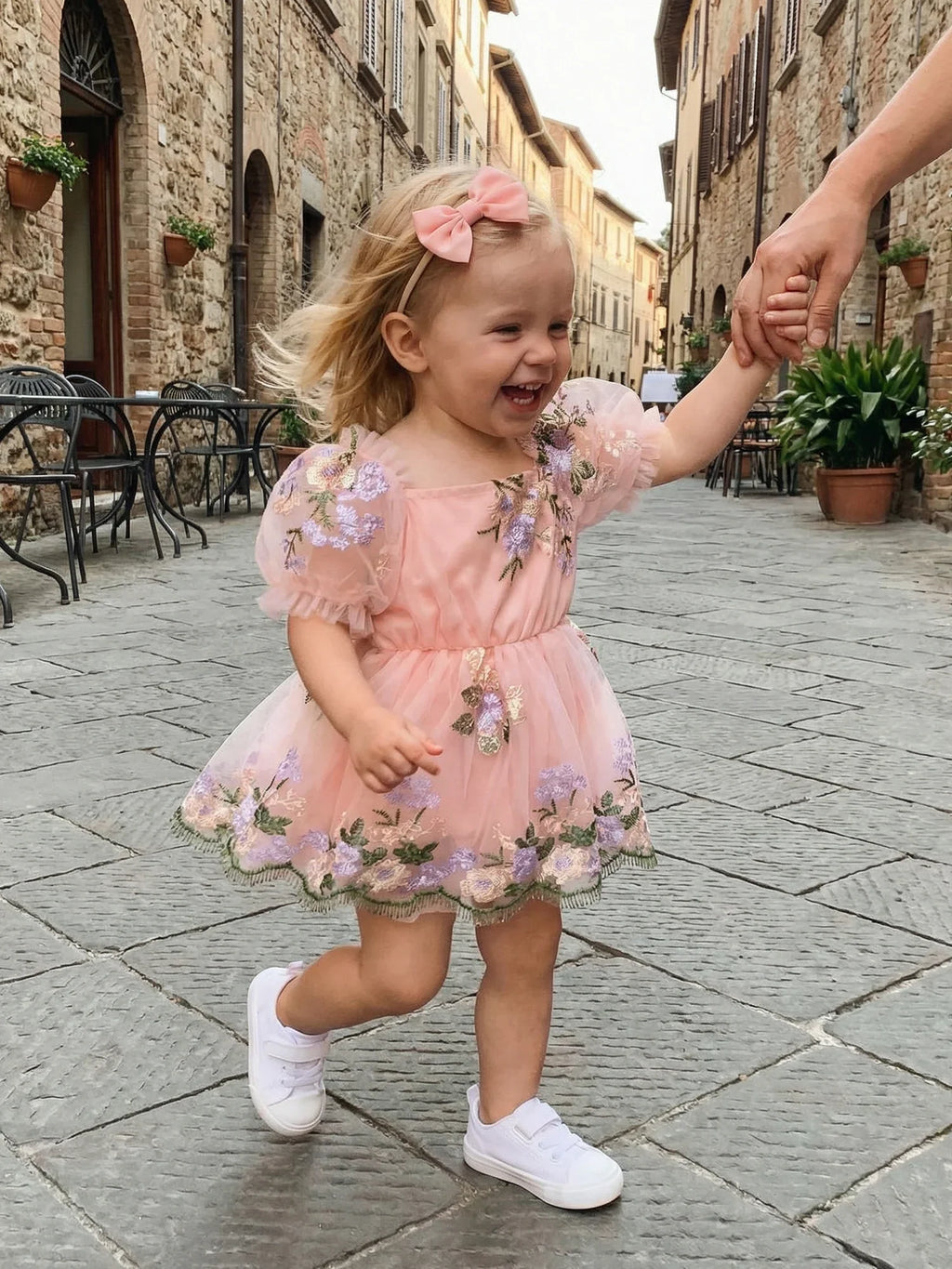 Baby Girl Summer Outfit Flower Embroidered Mesh Short Sleeve Dress and Bow Headband 2 Pcs Set