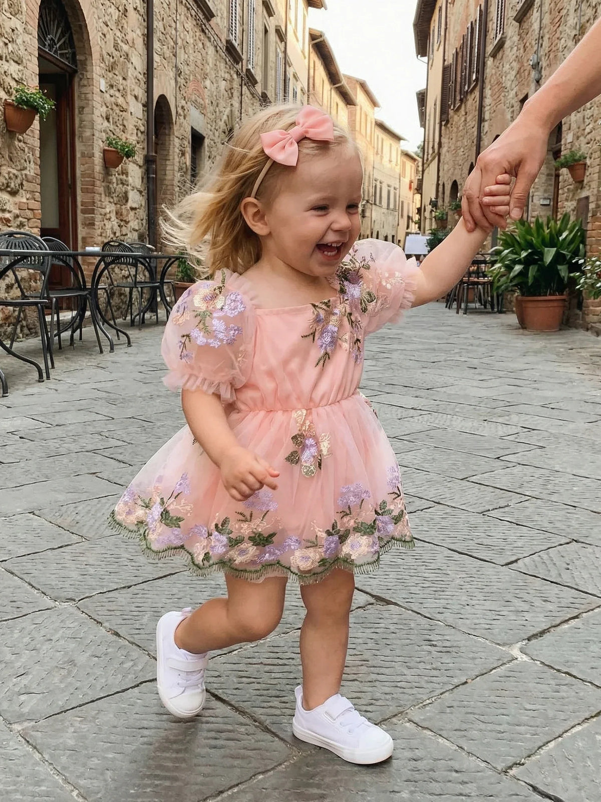 Baby Girl Summer Outfit Flower Embroidered Mesh Short Sleeve Dress and Bow Headband 2 Pcs Set