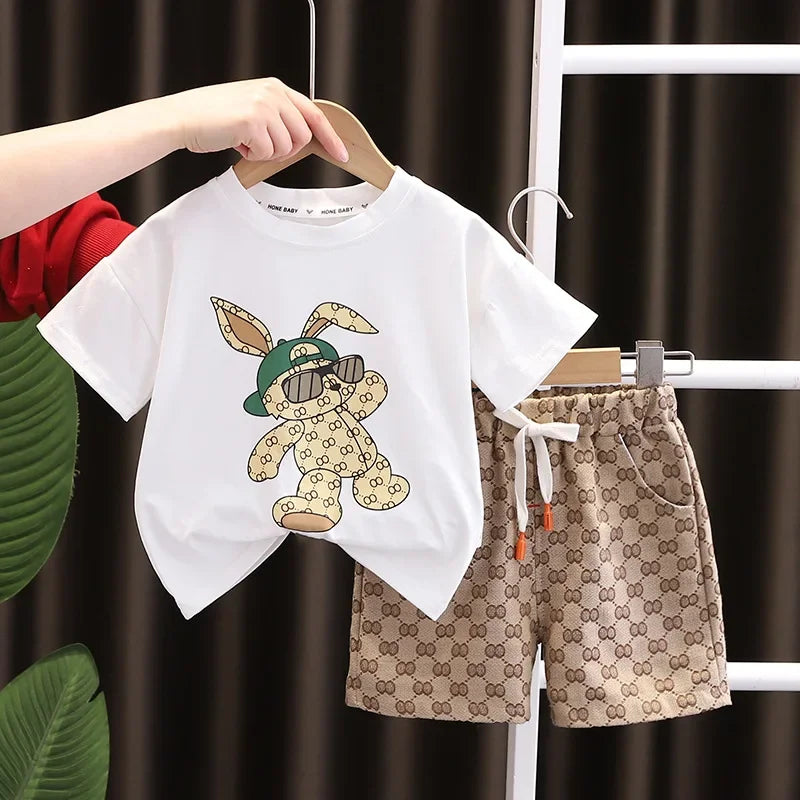 Cartoon Rabbit Short Sleeve Top and Bottom 2 Pieces Set