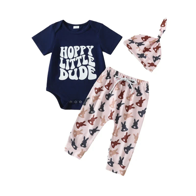 3 Piece Set: Short Sleeve Letter Print Romper with Carrot Pants and Hat