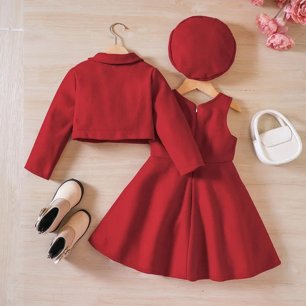 Autumn and winter new children's wear festival red 3-piece winter solid color coat suspenders skirt + hat fashion girls' suit