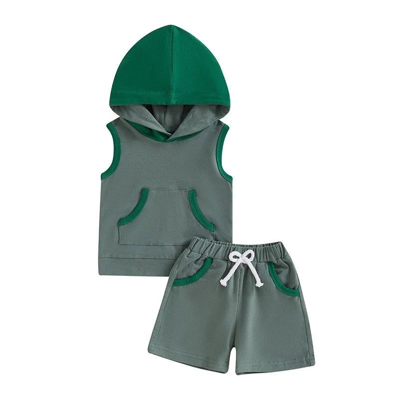 Baby Boy Shorts Set Contrast Color Sleeveless Hooded Tank Tops Elastic Waist Shorts
